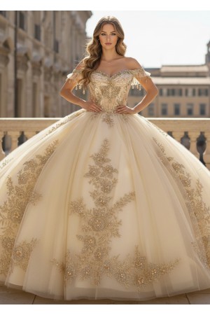 PQ1108-L<br/>off-the-shoulder neckline adorned with delicate beaded appliqués
