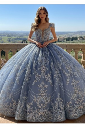 PQ1110<br/>A stunning dusty blue quinceañera ball gown featuring an intricately embellished bodice adorned.