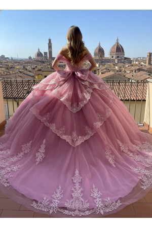 PQ1111-L<br/>Rose-pink ball gown with off-the-shoulder sweetheart neckline and a beautifully beaded corset bodice Quince dress.