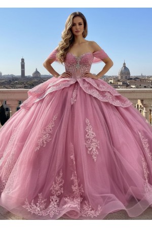 PQ1111<br/>Rose-pink ball gown with off-the-shoulder sweetheart neckline and a beautifully beaded corset bodice Quince dress.
