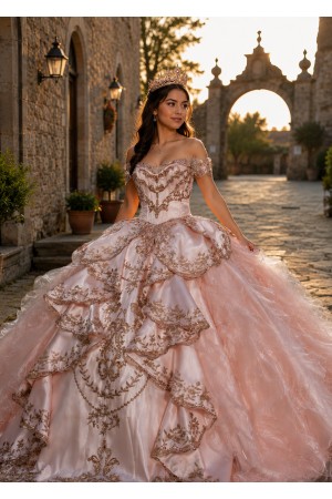 PQ1114<br/>Romantic off-the-shoulder neckline with Layered tiered overskirt.